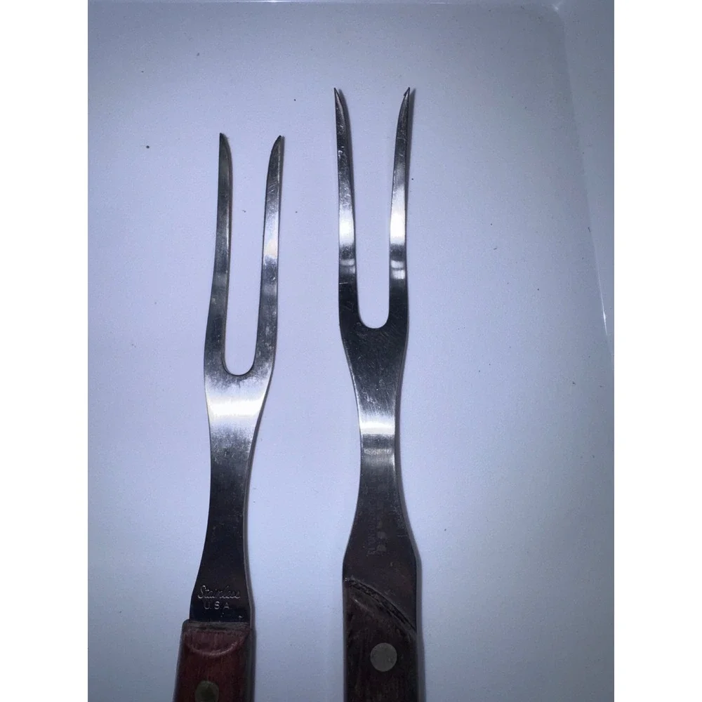 Vintage Stainless Steel Meat Carving Forks Set of 2Wood Handle USA Kitchen Tools